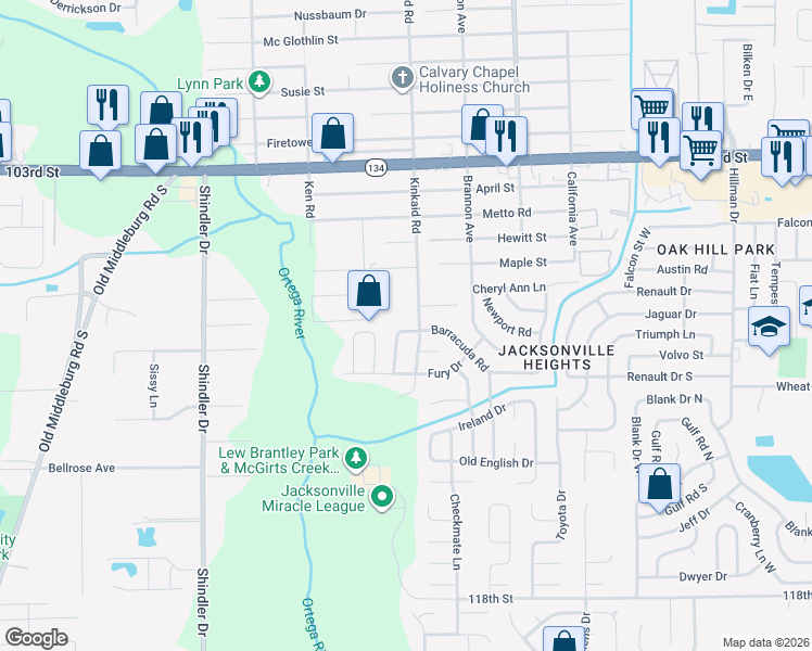 map of restaurants, bars, coffee shops, grocery stores, and more near 5808 Kinkaid Road in Jacksonville
