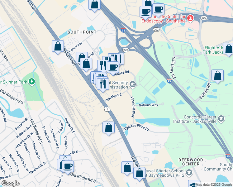 map of restaurants, bars, coffee shops, grocery stores, and more near 7151 Deerfoot Circle in Jacksonville