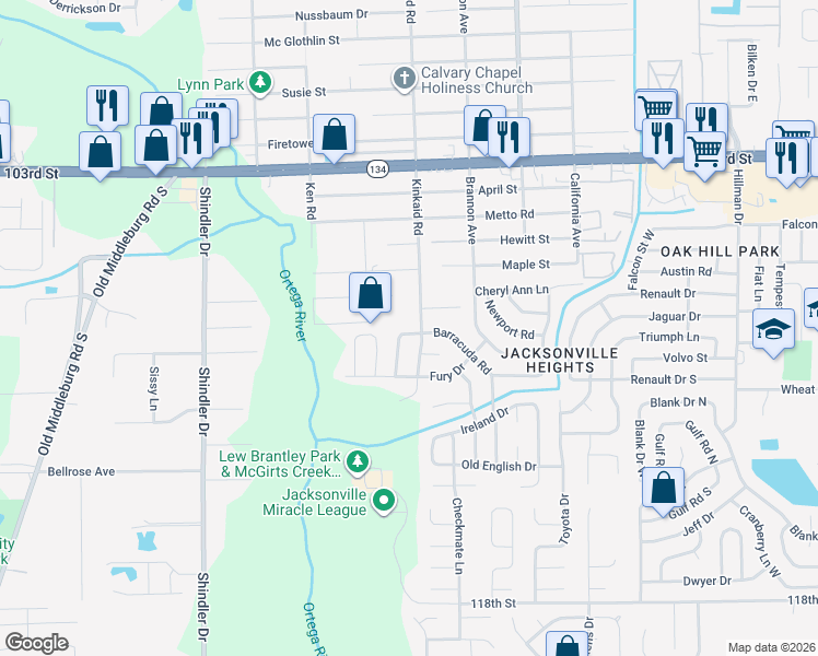 map of restaurants, bars, coffee shops, grocery stores, and more near 5808 Kinkaid Road in Jacksonville