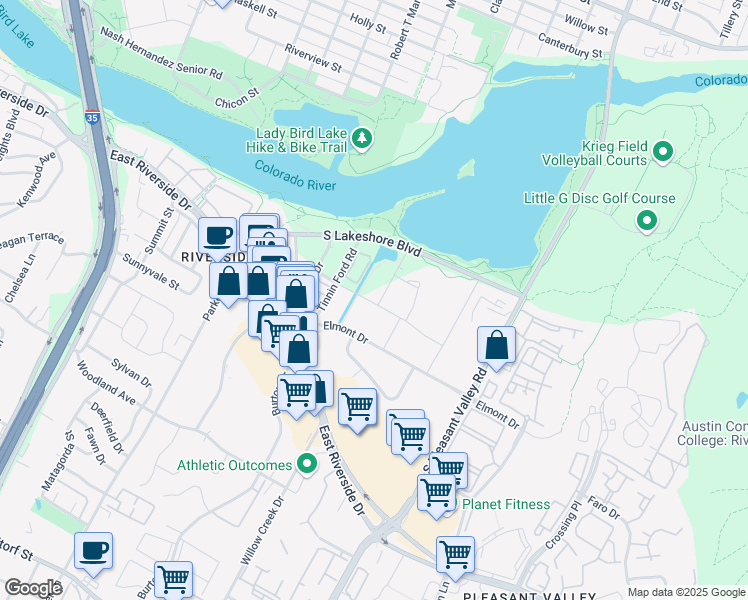 map of restaurants, bars, coffee shops, grocery stores, and more near 2223 Waterloo City Lane in Austin