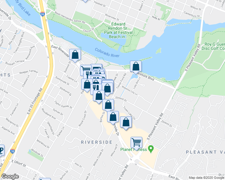 map of restaurants, bars, coffee shops, grocery stores, and more near 1333 Shore District Drive in Austin