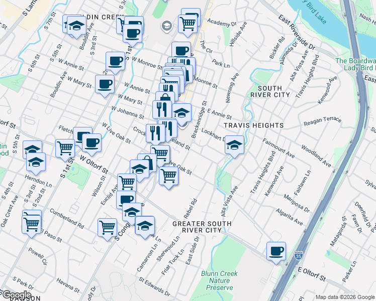 map of restaurants, bars, coffee shops, grocery stores, and more near 2101 Nickerson Street in Austin