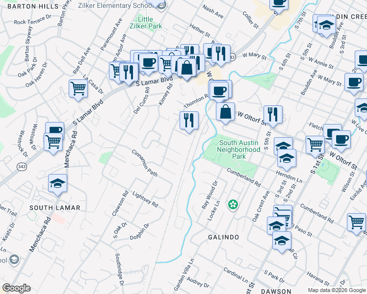 map of restaurants, bars, coffee shops, grocery stores, and more near 2413 Thornton Road in Austin