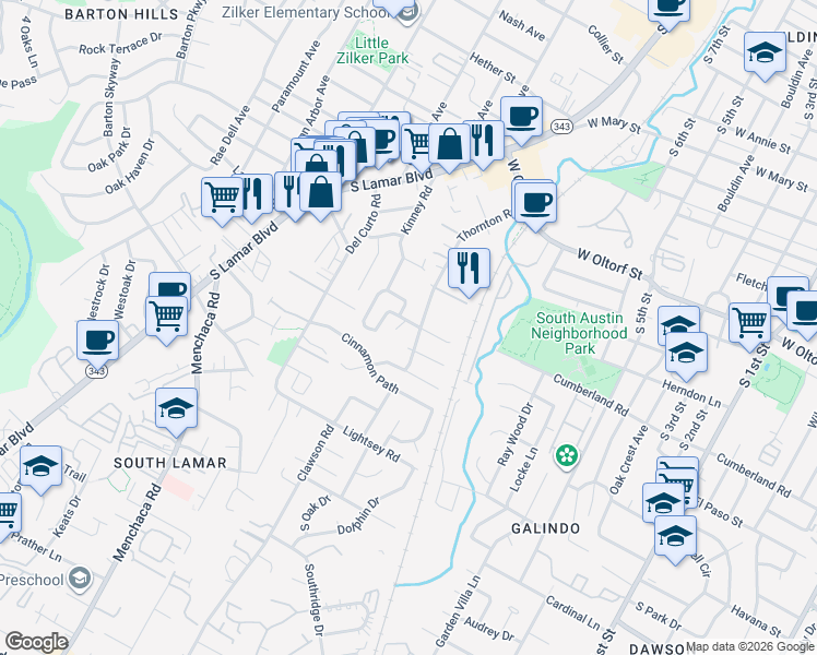 map of restaurants, bars, coffee shops, grocery stores, and more near 1704 Kinney Oaks Court in Austin