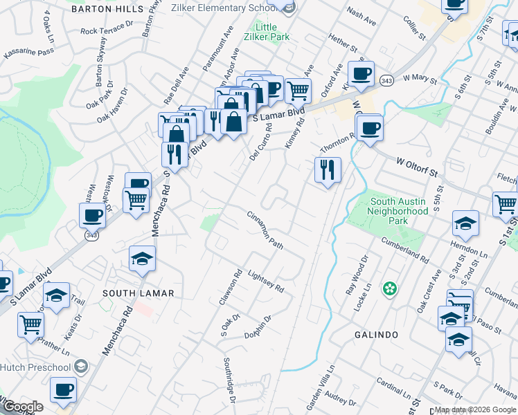 map of restaurants, bars, coffee shops, grocery stores, and more near 1803 Village Oak Court in Austin