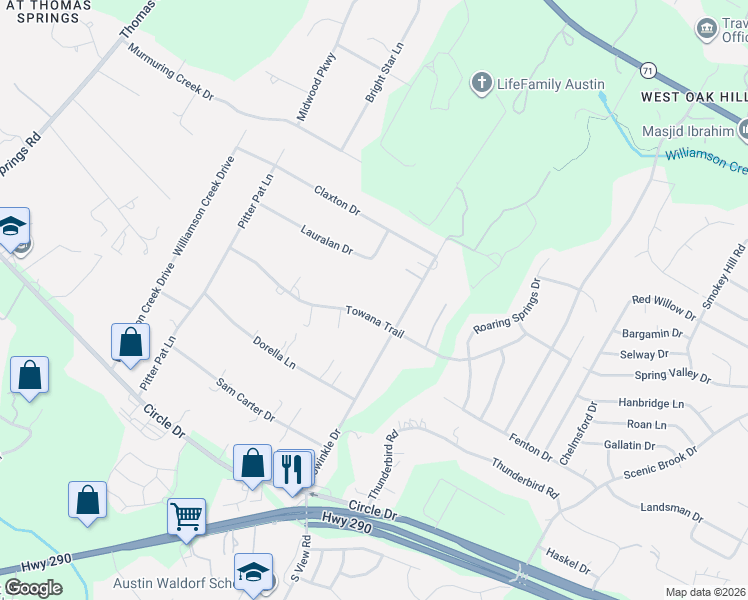 map of restaurants, bars, coffee shops, grocery stores, and more near 9207 Lauralan Drive in Austin
