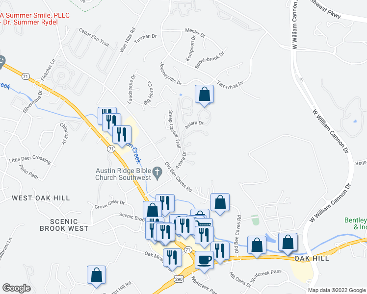 map of restaurants, bars, coffee shops, grocery stores, and more near Aviara Drive in Austin