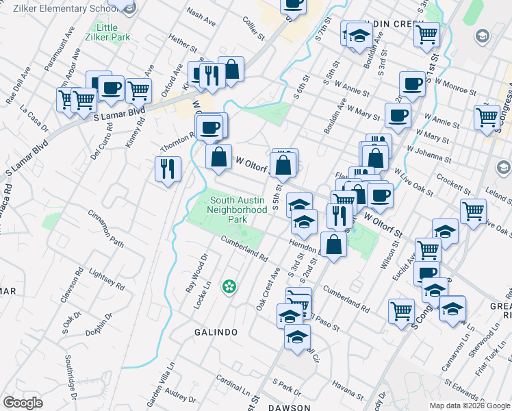 map of restaurants, bars, coffee shops, grocery stores, and more near 1100 Juanita Street in Austin