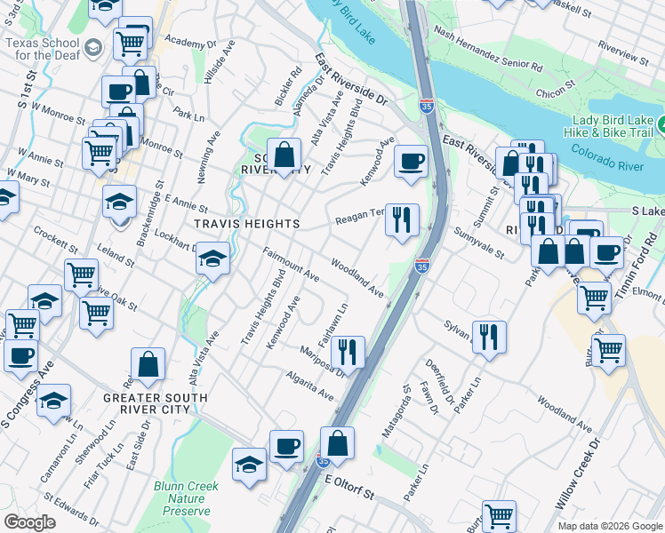 map of restaurants, bars, coffee shops, grocery stores, and more near 1113 Woodland Avenue in Austin