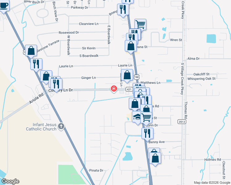 map of restaurants, bars, coffee shops, grocery stores, and more near 151 Country Lane Drive in Lumberton