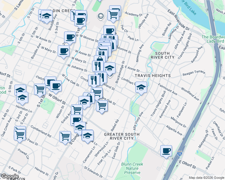 map of restaurants, bars, coffee shops, grocery stores, and more near 215 Leland Street in Austin