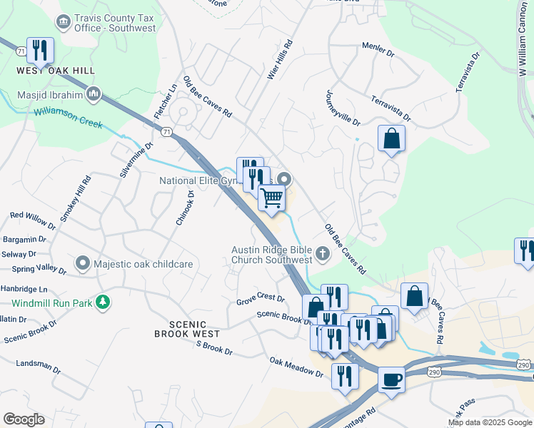 map of restaurants, bars, coffee shops, grocery stores, and more near 7700 Texas 71 in Austin