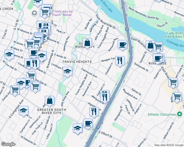 map of restaurants, bars, coffee shops, grocery stores, and more near 1702 Kenwood Avenue in Austin