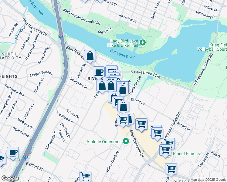 map of restaurants, bars, coffee shops, grocery stores, and more near 1414 Shore District Drive in Austin