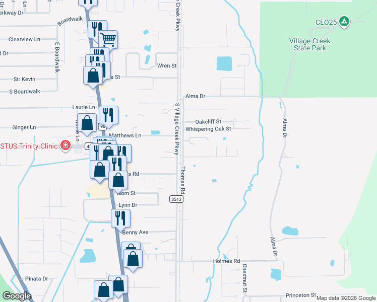 map of restaurants, bars, coffee shops, grocery stores, and more near 155 Thomas Road in Lumberton