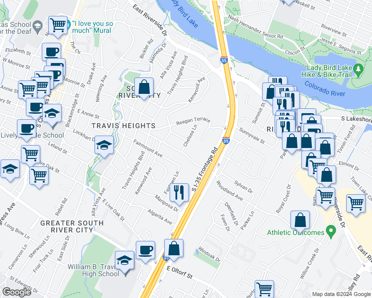 map of restaurants, bars, coffee shops, grocery stores, and more near 1523 Chelsea Lane in Austin
