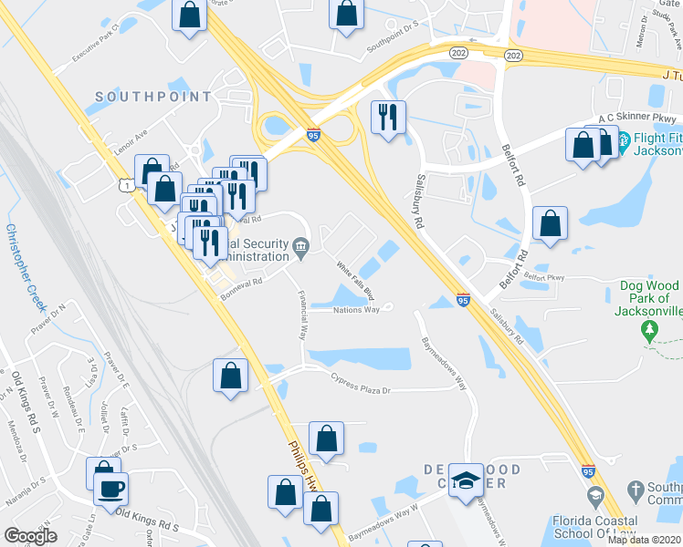 map of restaurants, bars, coffee shops, grocery stores, and more near 8200 White Falls Boulevard in Jacksonville
