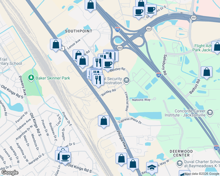 map of restaurants, bars, coffee shops, grocery stores, and more near 7151 Deerfoot Circle in Jacksonville