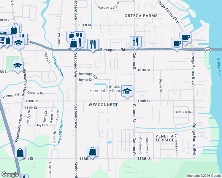 map of restaurants, bars, coffee shops, grocery stores, and more near 5820 Liska Drive in Jacksonville
