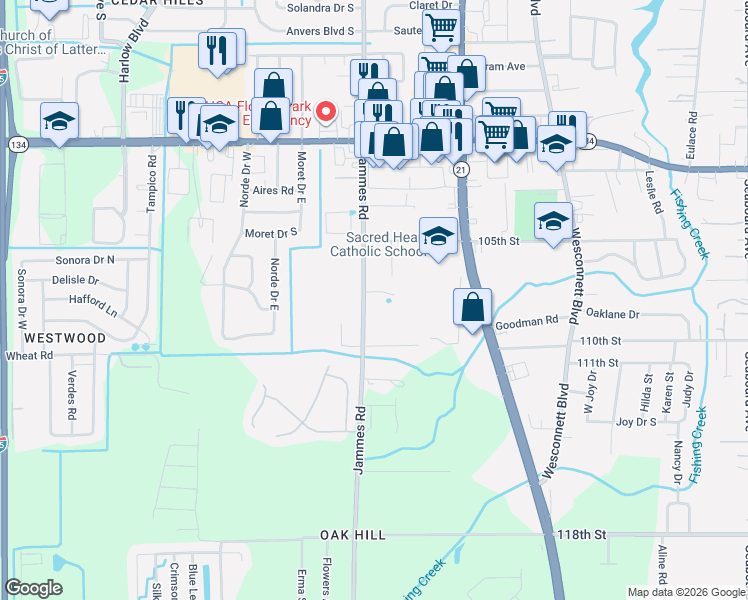map of restaurants, bars, coffee shops, grocery stores, and more near 5813 Jammes Road in Jacksonville