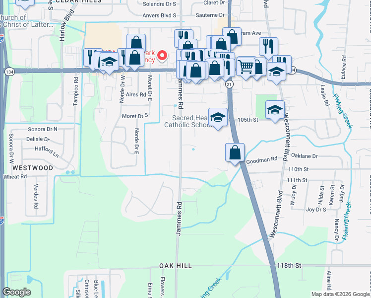 map of restaurants, bars, coffee shops, grocery stores, and more near 5813 Jammes Road in Jacksonville