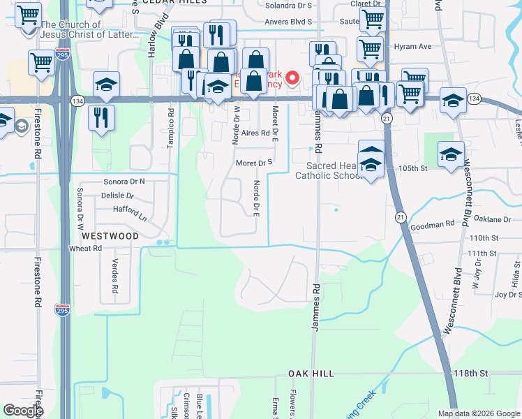 map of restaurants, bars, coffee shops, grocery stores, and more near 5810 South Norde Drive in Jacksonville