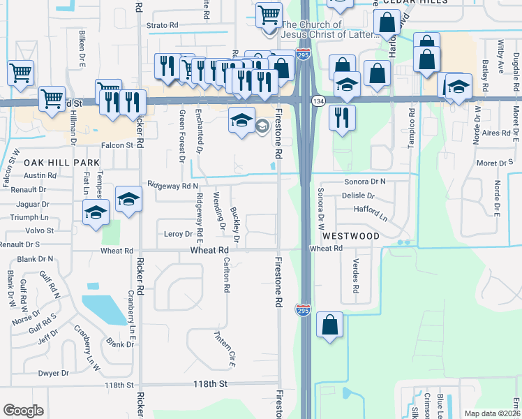 map of restaurants, bars, coffee shops, grocery stores, and more near 5806 Firestone Road in Jacksonville