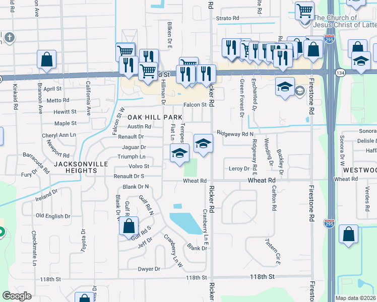 map of restaurants, bars, coffee shops, grocery stores, and more near 5773 Tempest Street in Jacksonville