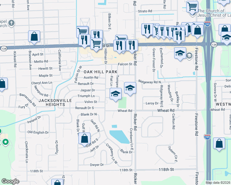map of restaurants, bars, coffee shops, grocery stores, and more near 5773 Tempest Street in Jacksonville
