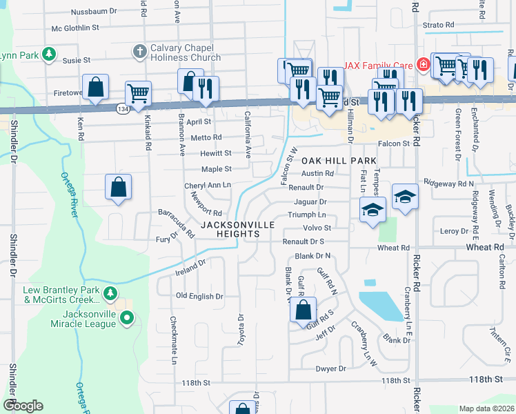 map of restaurants, bars, coffee shops, grocery stores, and more near 5817 Renault Drive West in Jacksonville
