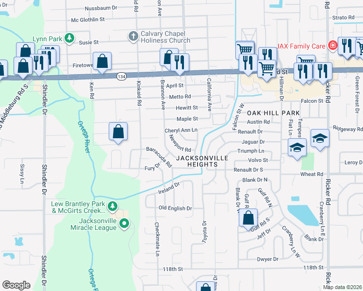map of restaurants, bars, coffee shops, grocery stores, and more near 8226 Galaxie Drive in Jacksonville