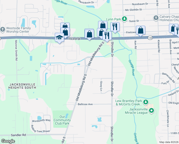 map of restaurants, bars, coffee shops, grocery stores, and more near 9010 Country Mill Lane in Jacksonville