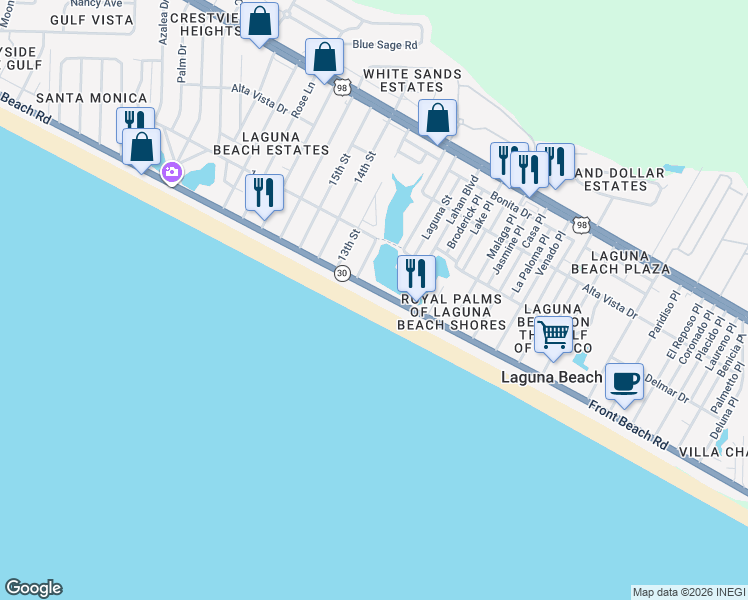 map of restaurants, bars, coffee shops, grocery stores, and more near 19978 Front Beach Road in Panama City