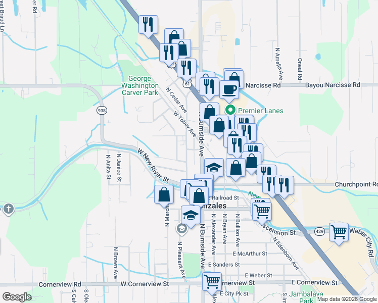 map of restaurants, bars, coffee shops, grocery stores, and more near 1326 North Willow Avenue in Gonzales