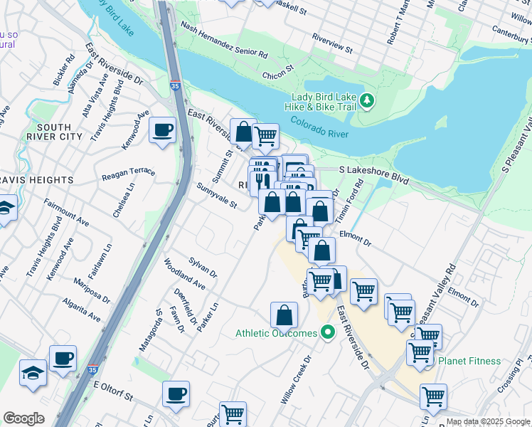 map of restaurants, bars, coffee shops, grocery stores, and more near 1801 East Riverside Drive in Austin