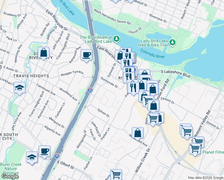 map of restaurants, bars, coffee shops, grocery stores, and more near 1611 Sunnyvale Street in Austin