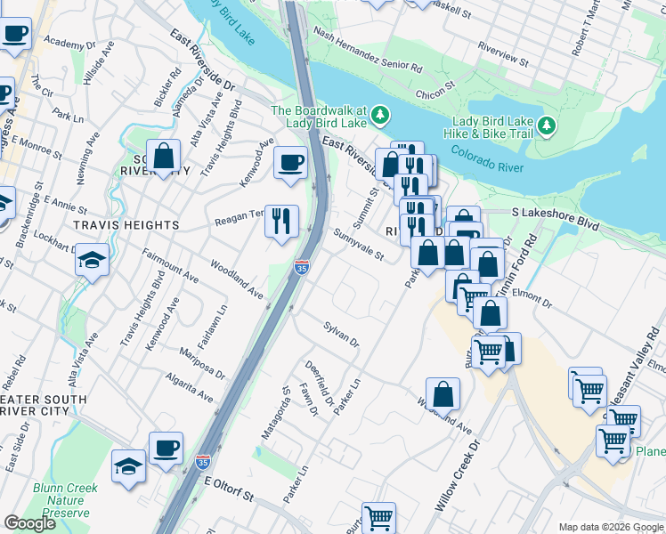 map of restaurants, bars, coffee shops, grocery stores, and more near 1600 Elmhurst Drive in Austin