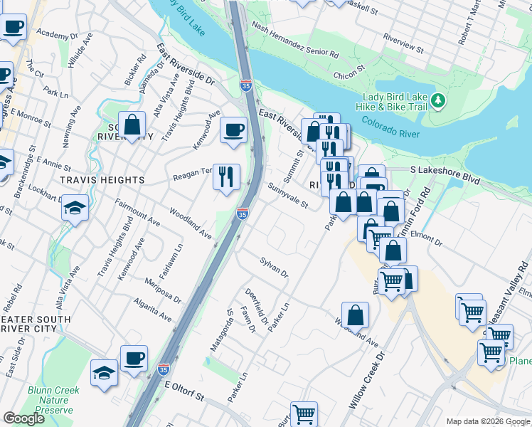 map of restaurants, bars, coffee shops, grocery stores, and more near 1600 Elmhurst Drive in Austin