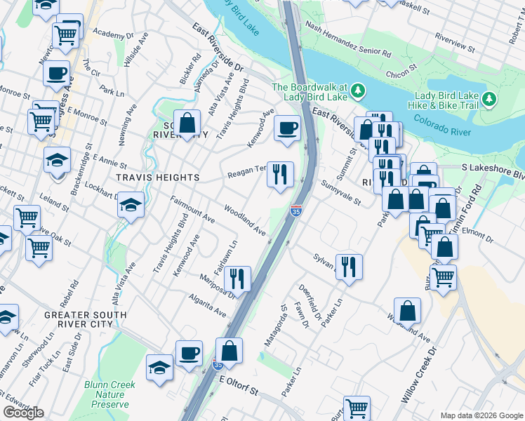 map of restaurants, bars, coffee shops, grocery stores, and more near 1523 Chelsea Lane in Austin
