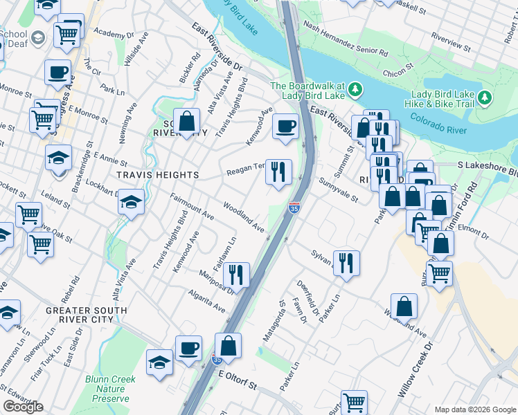 map of restaurants, bars, coffee shops, grocery stores, and more near 1523 Chelsea Lane in Austin