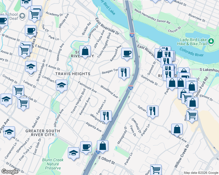 map of restaurants, bars, coffee shops, grocery stores, and more near 1523 Chelsea Lane in Austin