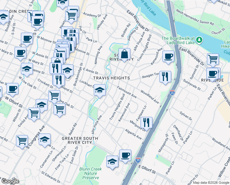 map of restaurants, bars, coffee shops, grocery stores, and more near 1800 Alameda Drive in Austin