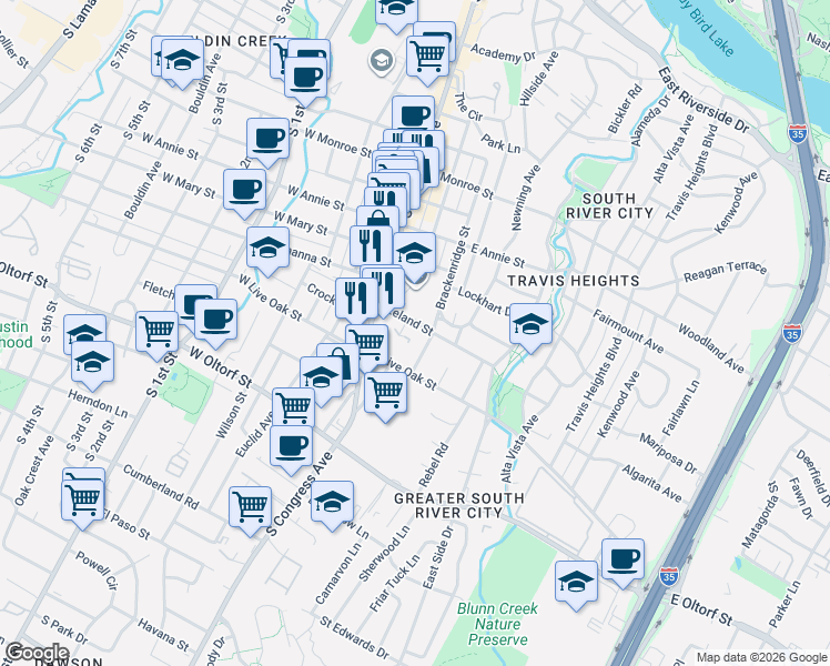 map of restaurants, bars, coffee shops, grocery stores, and more near 2101 Nickerson Street in Austin