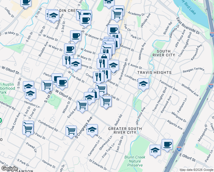 map of restaurants, bars, coffee shops, grocery stores, and more near 2116 South Congress Avenue in Austin