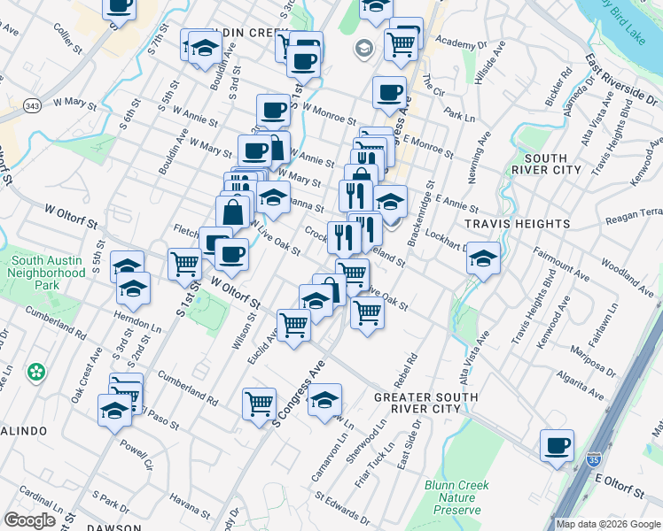 map of restaurants, bars, coffee shops, grocery stores, and more near 2106 Eva Street in Austin