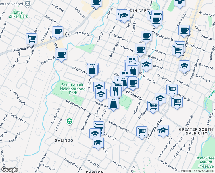 map of restaurants, bars, coffee shops, grocery stores, and more near 2412 Oak Crest Avenue in Austin