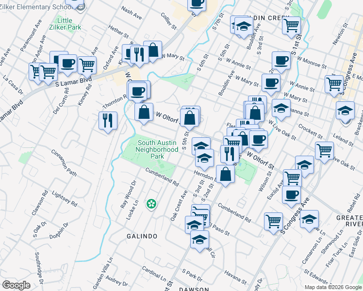 map of restaurants, bars, coffee shops, grocery stores, and more near 2413 South 6th Street in Austin