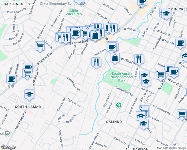 map of restaurants, bars, coffee shops, grocery stores, and more near 2413 Thornton Road in Austin