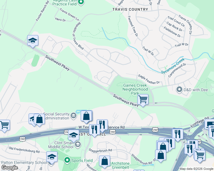 map of restaurants, bars, coffee shops, grocery stores, and more near 5000 Mission Oaks Boulevard in Austin