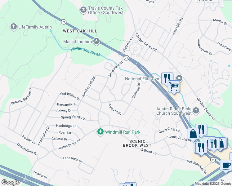 map of restaurants, bars, coffee shops, grocery stores, and more near 8202 Mescalero Drive in Austin